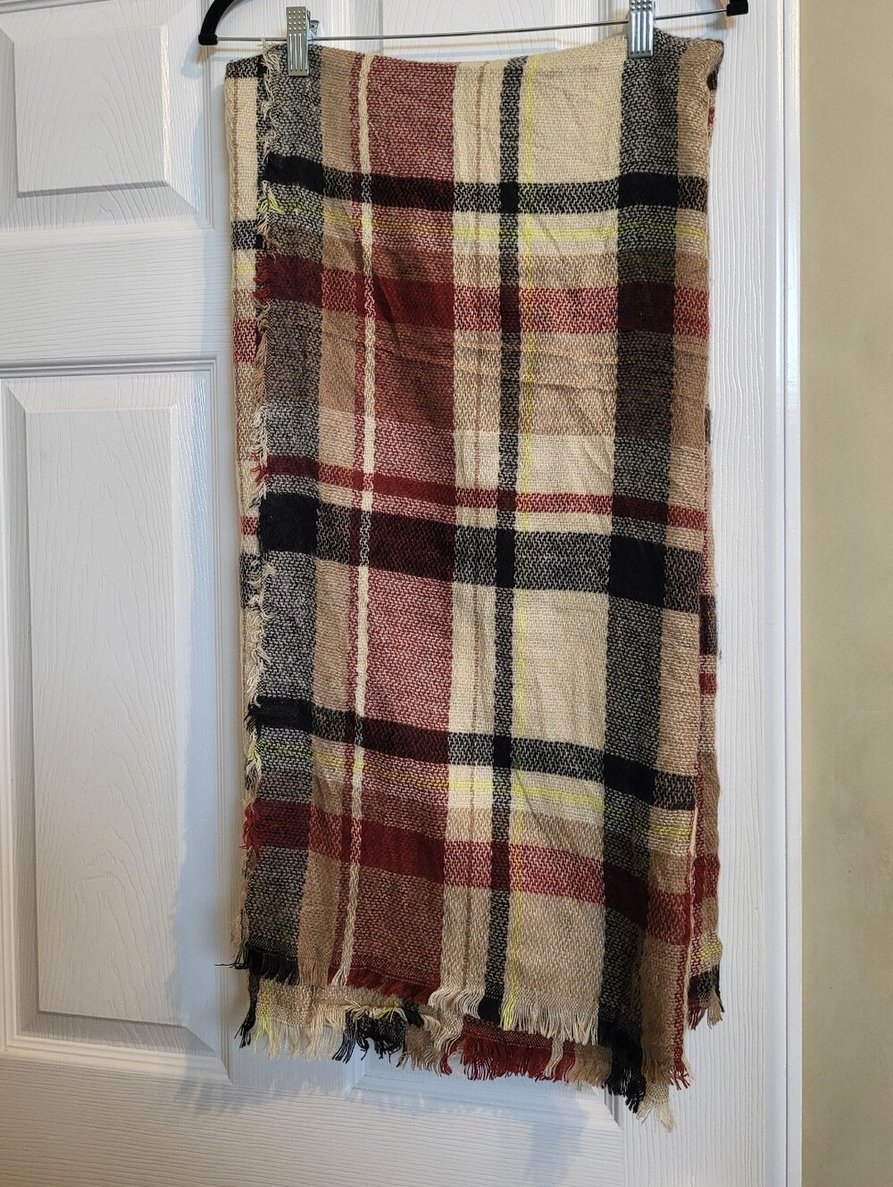 Plaid Fringe Scarf- Cream and Red